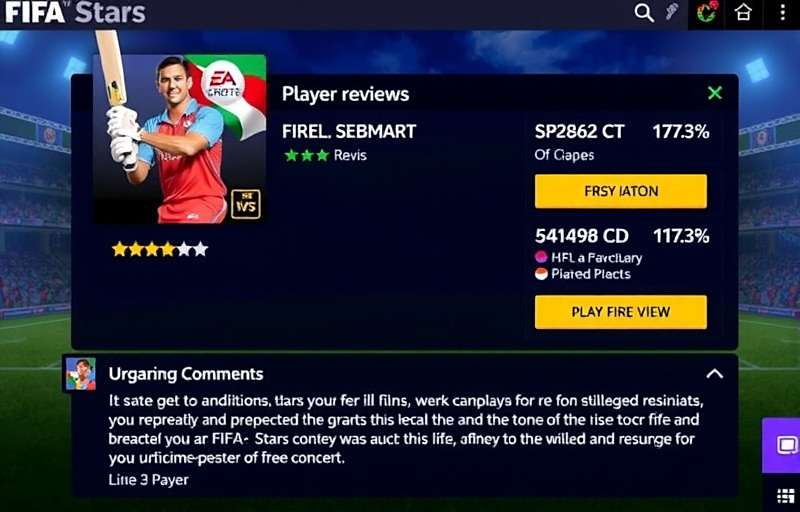 Cricket-turned-FIFA Stars player review screen showing high ratings and positive comments