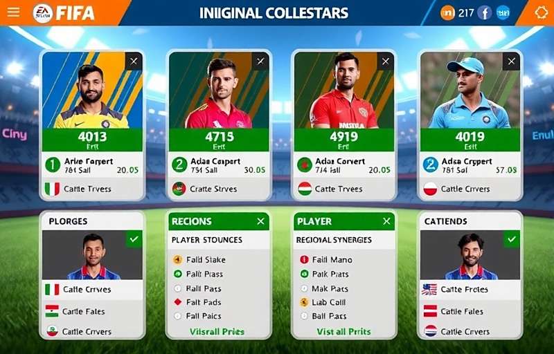 Cricket-turned-FIFA Stars team building interface showing player stats and regional synergies
